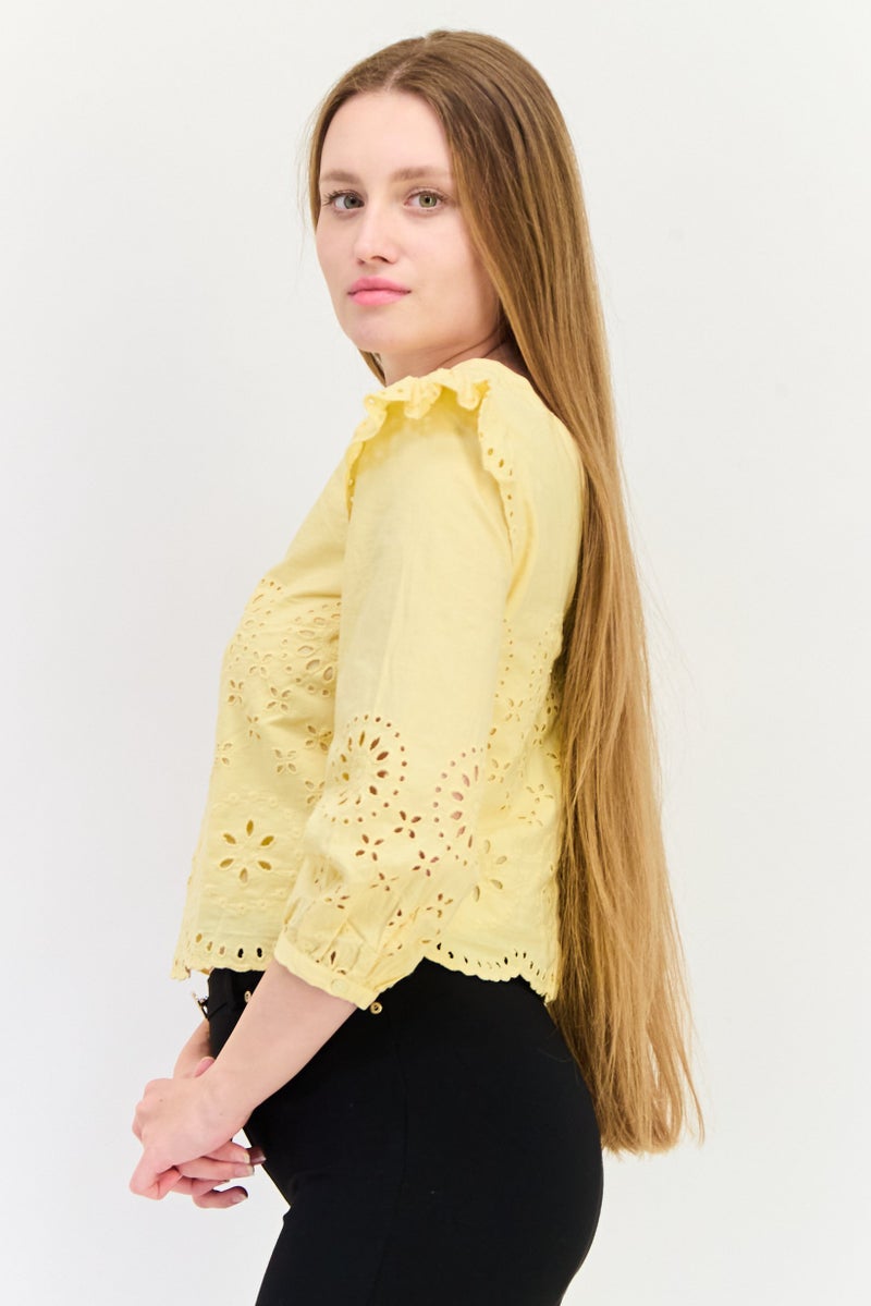 ONLY Women V Neck Three Quarter sleeve Floral Pattern  Blouses, Light Yellow  - Image 4