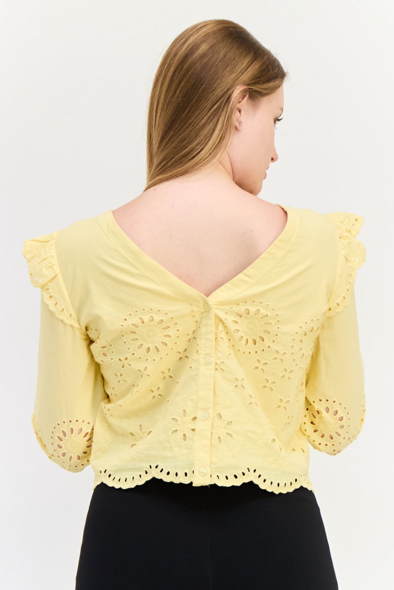 ONLY Women V Neck Three Quarter sleeve Floral Pattern  Blouses, Light Yellow  - Image 2