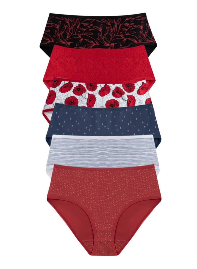 Milk Pack Of 6 Printed Color Cotton Midi Panties Underwear For Women  - Image 1