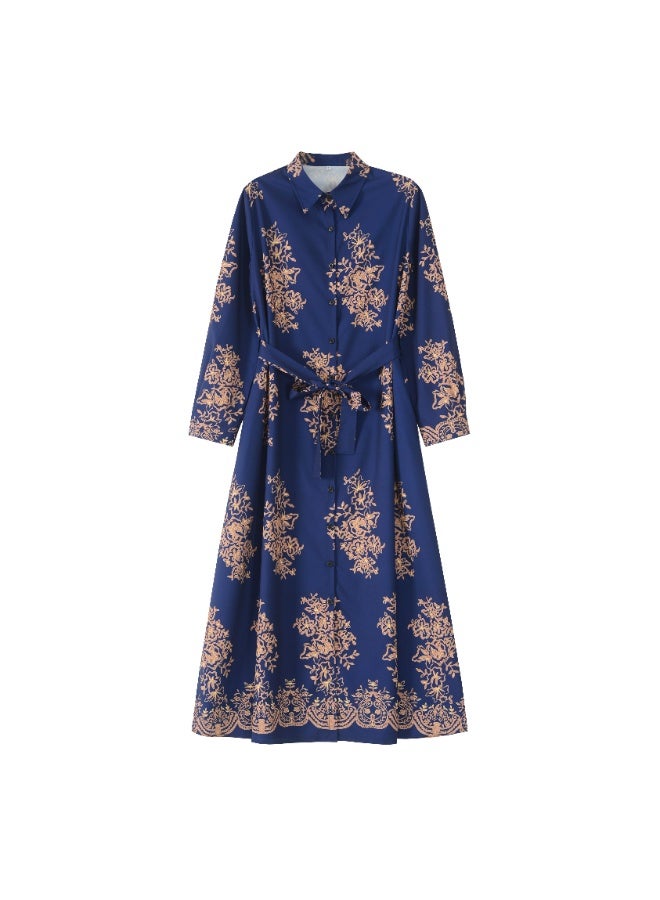 New Navy Blue Belted Elegant Long Skirt - Image 1