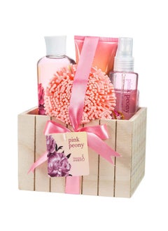 Freida and Joe Pink Peony Bathroom Bath Set for Women Complete Skincare Products in a Natural Wood Plant Box Body Lotion Shower Gel Bubble Bath Body Spray Puff 