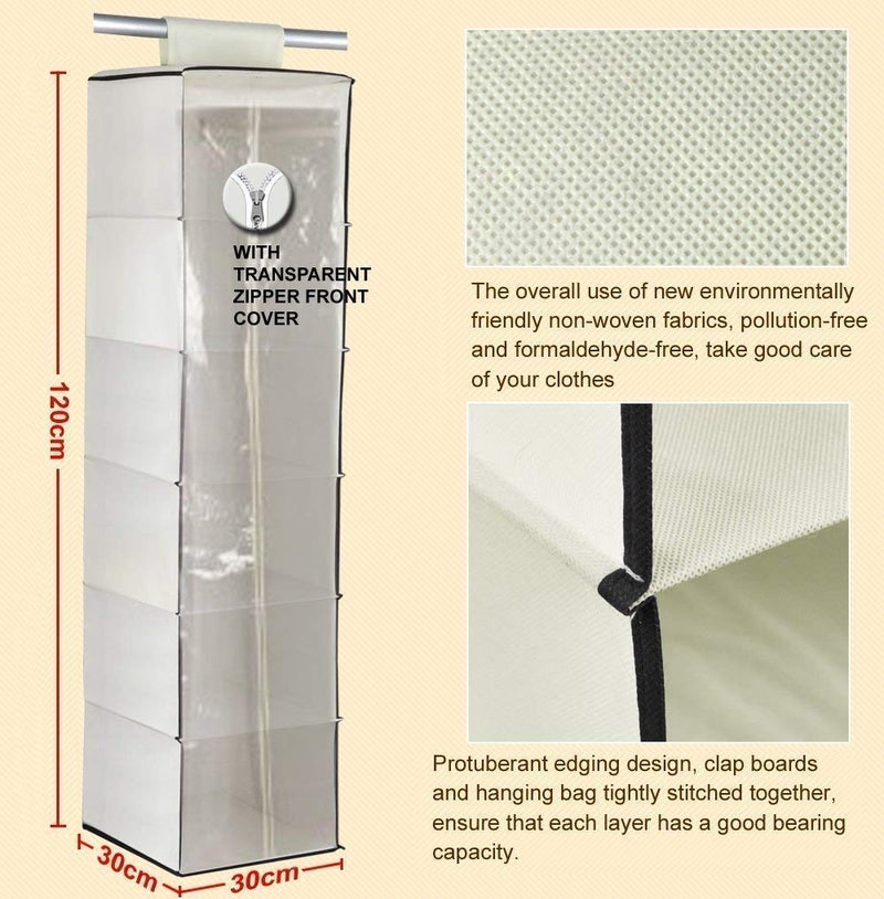 WOX MOX WOX MOX NonWoven Fabric Cloth Hanging Storage Wardrobe Organizer with PVC Zippered Closure 6 Shelves Multicolor  - Image 2