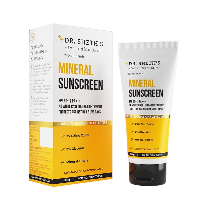 Dr. Sheth's واقي شمس دكتور شيثس المعدني SPF 50 PA واقي شمس مقاوم للماء بدون أثر أبيض سريع الامتصاص خفيف الوزن غير لزج 25 أكسيد الزنك لجميع أنواع البشرة للنساء والرجال 50 جرام - Image 1