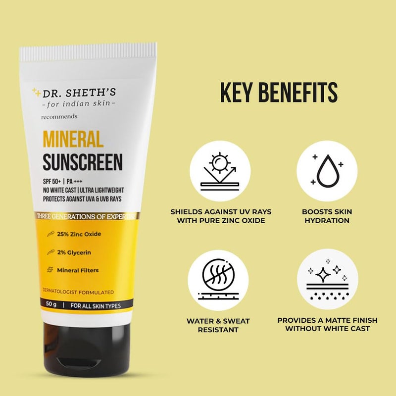 Dr. Sheth's واقي شمس دكتور شيثس المعدني SPF 50 PA واقي شمس مقاوم للماء بدون أثر أبيض سريع الامتصاص خفيف الوزن غير لزج 25 أكسيد الزنك لجميع أنواع البشرة للنساء والرجال 50 جرام - Image 2