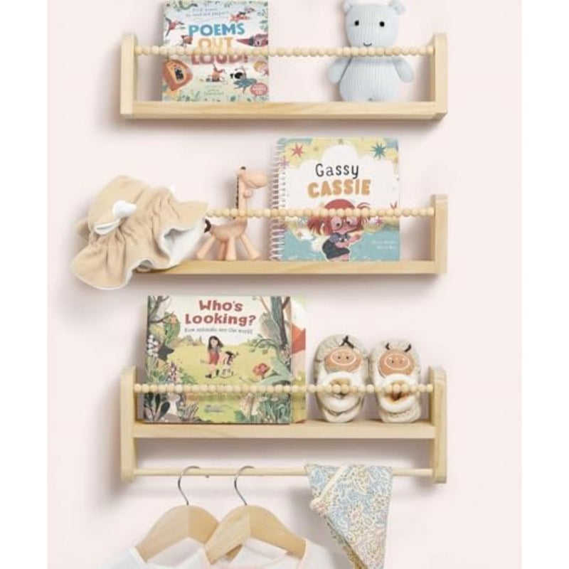 Floating Shelves for Wall, Set of 3 Book Shelves, Wall Mounted Orizer with Towel Bar, Hanging Bookshelves, Nursery Decor for - Image 1