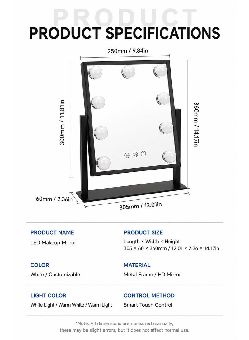 Aurrako LED Make Up Vanity Mirror with Lights Hollywood Vanity Mirror with 3 Colors Lighting Modes, Touch Control, 360°Ratation, Dimmable 9 LED Bulbs Lighted Makeup Mirror for Dressing Room & Bedroom for Dressing Room & Bedroom - Image 4