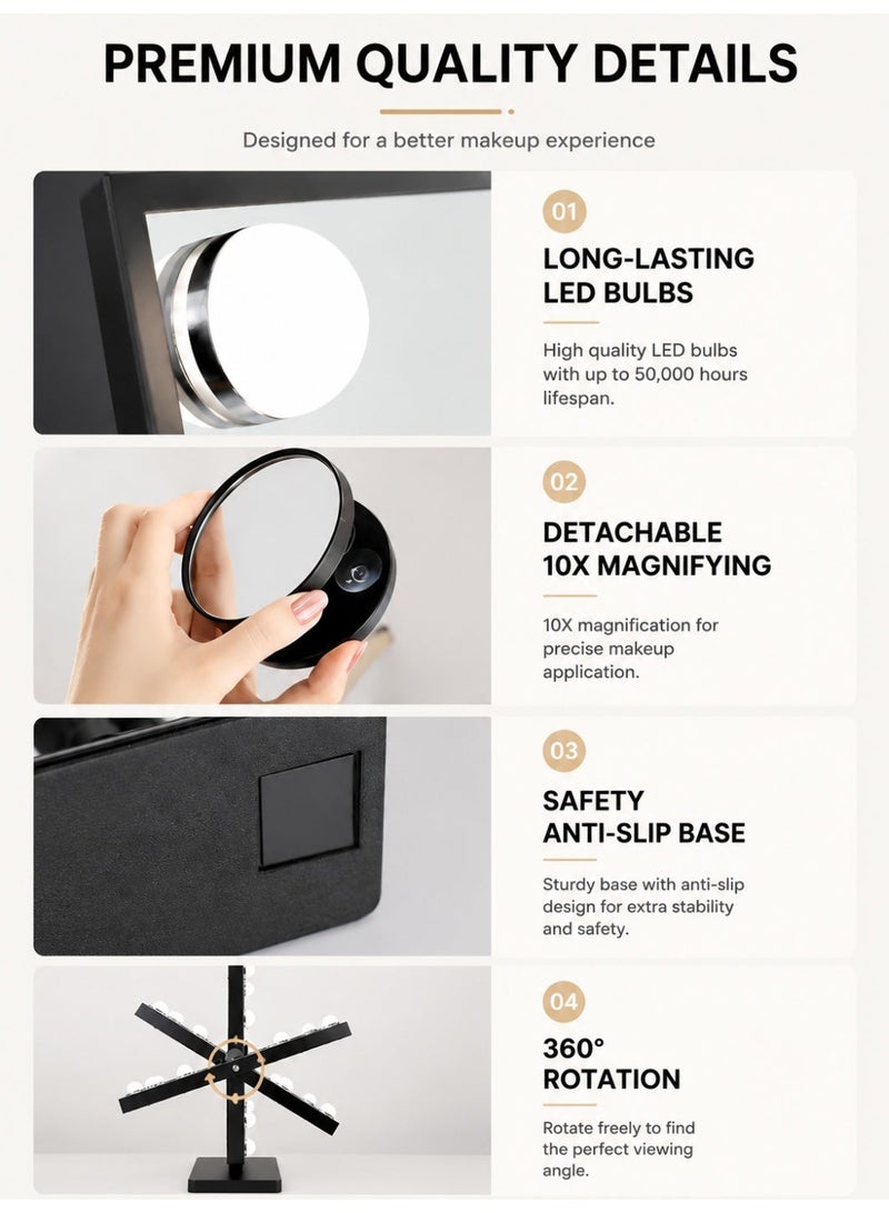 Aurrako LED Make Up Vanity Mirror with Lights Hollywood Vanity Mirror with 3 Colors Lighting Modes, Touch Control, 360°Ratation, Dimmable 9 LED Bulbs Lighted Makeup Mirror for Dressing Room & Bedroom for Dressing Room & Bedroom - Image 5