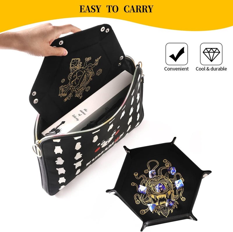 Grajar 2 Pcs Portable Folding Dice Rolling Tray Set for RPG DND Table Games - PU Leather and Velvet Holder Storage Box - Beholder - Image 4