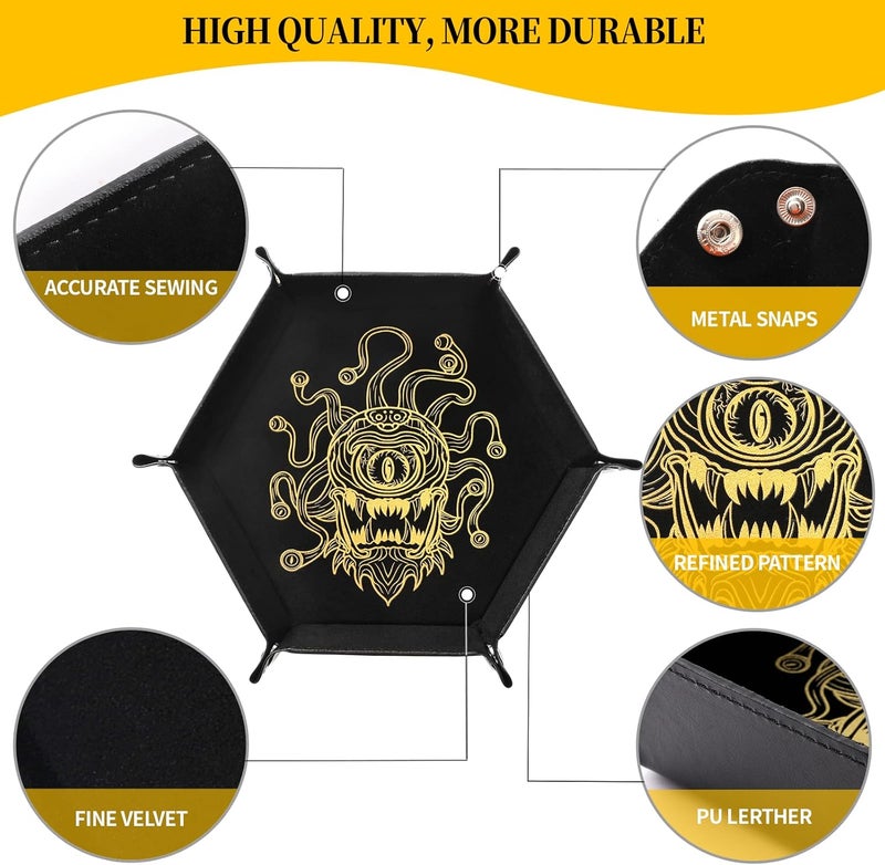 Grajar 2 Pcs Portable Folding Dice Rolling Tray Set for RPG DND Table Games - PU Leather and Velvet Holder Storage Box - Beholder - Image 2