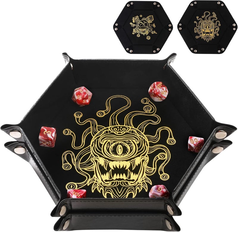 Grajar 2 Pcs Portable Folding Dice Rolling Tray Set for RPG DND Table Games - PU Leather and Velvet Holder Storage Box - Beholder - Image 1