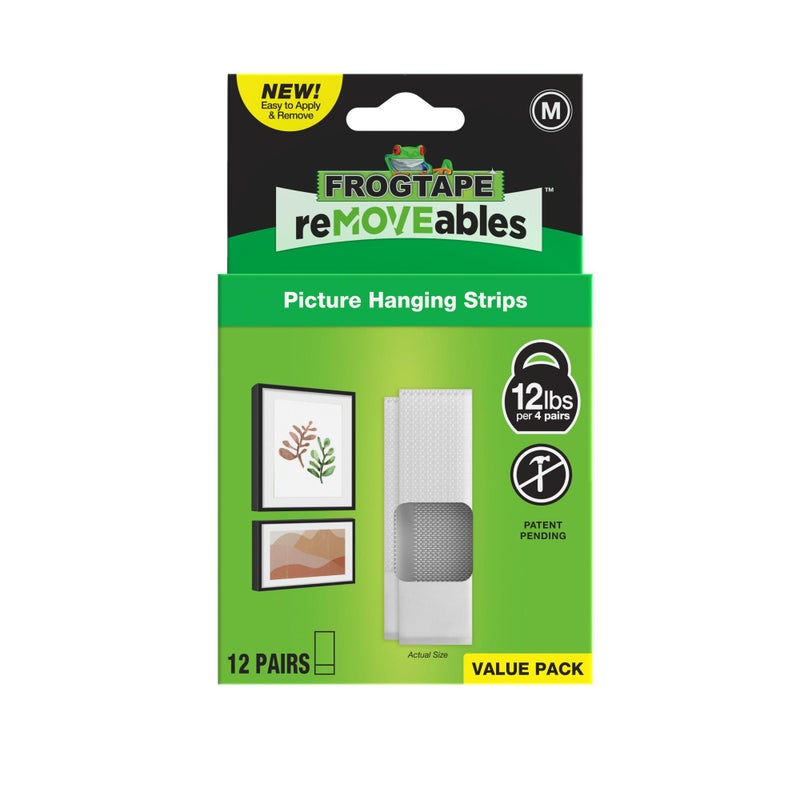 FrogTape reMOVEables Medium Picture Hanging Strips, Damage-Free Removable Adhesive Wall Strips, Picture Hangers, Stick On Wall Mounting for Frames, Canvas, Home DÃ©cor, White, 12 Pairs (24 Pieces) - Image 1