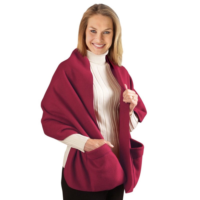 Collections Etc Cozy Fleece Wrap Shawl With Large Front Pockets - Keeps Hands and Shoulders Warm During Cold Winter Season, Burgundy - Image 1