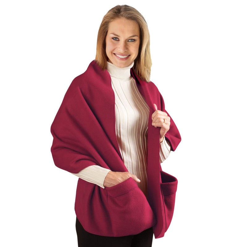 Collections Etc Cozy Fleece Wrap Shawl With Large Front Pockets - Keeps Hands and Shoulders Warm During Cold Winter Season, Burgundy - Image 2