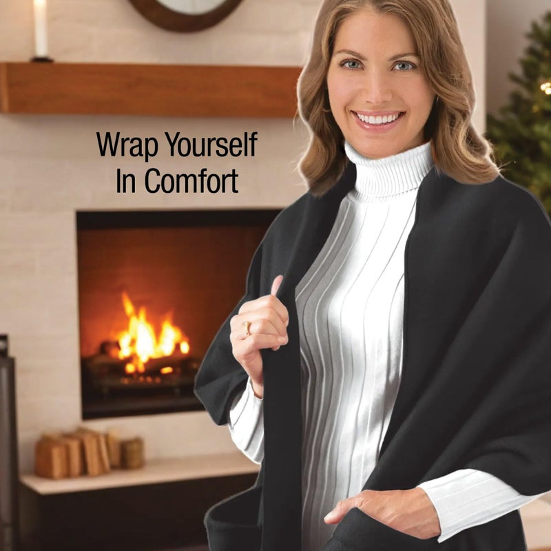 Collections Etc Cozy Fleece Wrap Shawl With Large Front Pockets - Keeps Hands and Shoulders Warm During Cold Winter Season, Burgundy - Image 4