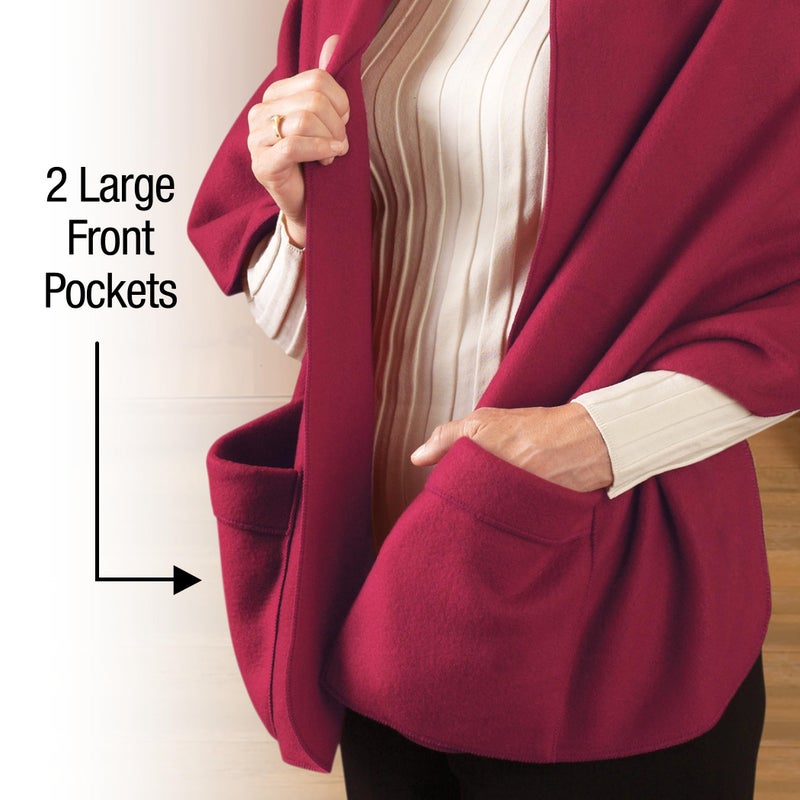 Collections Etc Cozy Fleece Wrap Shawl With Large Front Pockets - Keeps Hands and Shoulders Warm During Cold Winter Season, Burgundy - Image 5