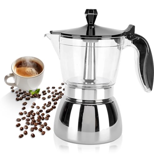 Jerliflyer 6 Cups Stainless Steel Coffee Pot Brew Classic Italian with Our Moka Pot Premium Crystal Glass Top Octagonal Design for Stovetop Brewing - Image 1