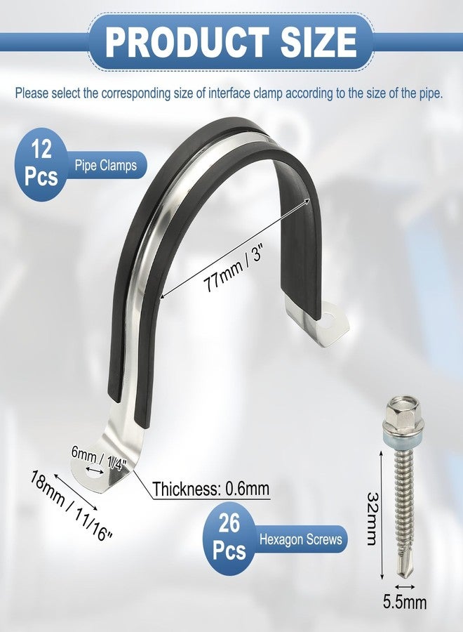 PATIKIL 12Pcs Pipe Clamps, 3 Inch 304 Stainless Steel Rubber Cushioned U Bracket Conduit Clamps Pipe Strap Wire Clips with Hexagonal Screw for Tube Hose Cord Installation, 77mm - Image 2