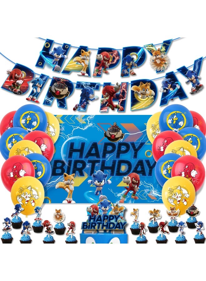 Sonic The Hedgehog Birthday Party Decorations Set - Backdrop, Banner, Cake Toppers & Balloons - Image 1