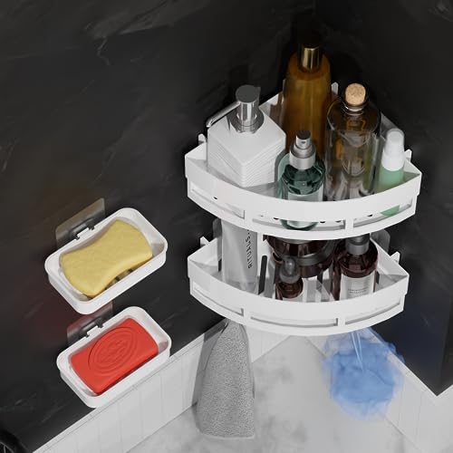 XBEY Bathroom Shelf for Wall, Self-Adhesive Bathroom Organiser with Towel Holder Self Adhesive Triangle Shape Corner Shelf with Magic Sticker Bathroom Hardware (2 Triangle Corner + 2 Soap Dish) - Image 5