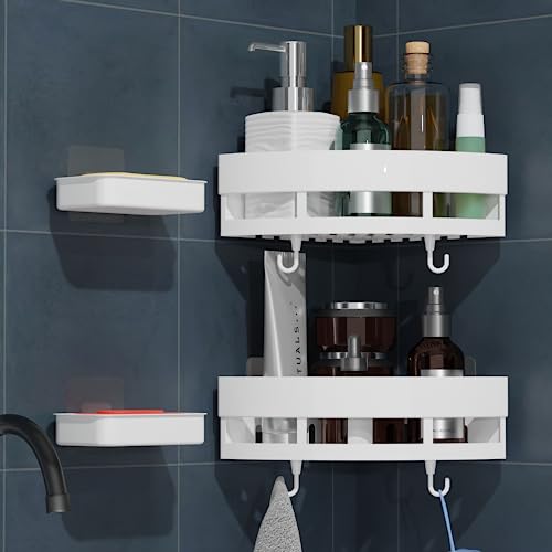 XBEY Bathroom Shelf for Wall, Self-Adhesive Bathroom Organiser with Towel Holder Self Adhesive Triangle Shape Corner Shelf with Magic Sticker Bathroom Hardware (2 Triangle Corner + 2 Soap Dish) - Image 2