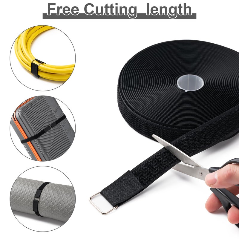 CADONO 1" x16Ft Hook and Loop Straps with 25 Metal Buckles, Adjustable Fastening Cable Straps, Free Cut Length, Reusable Nylon Cable Ties for Organizer or Storage, Black - Image 3