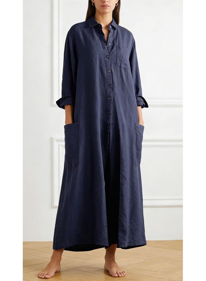 CHARTOU Women Linen Button Down Long Sleeve Wide Leg Jumpsuit Beach Palazzo Pants One Piece Jumpsuit, Dark Blue, XS - Image 2