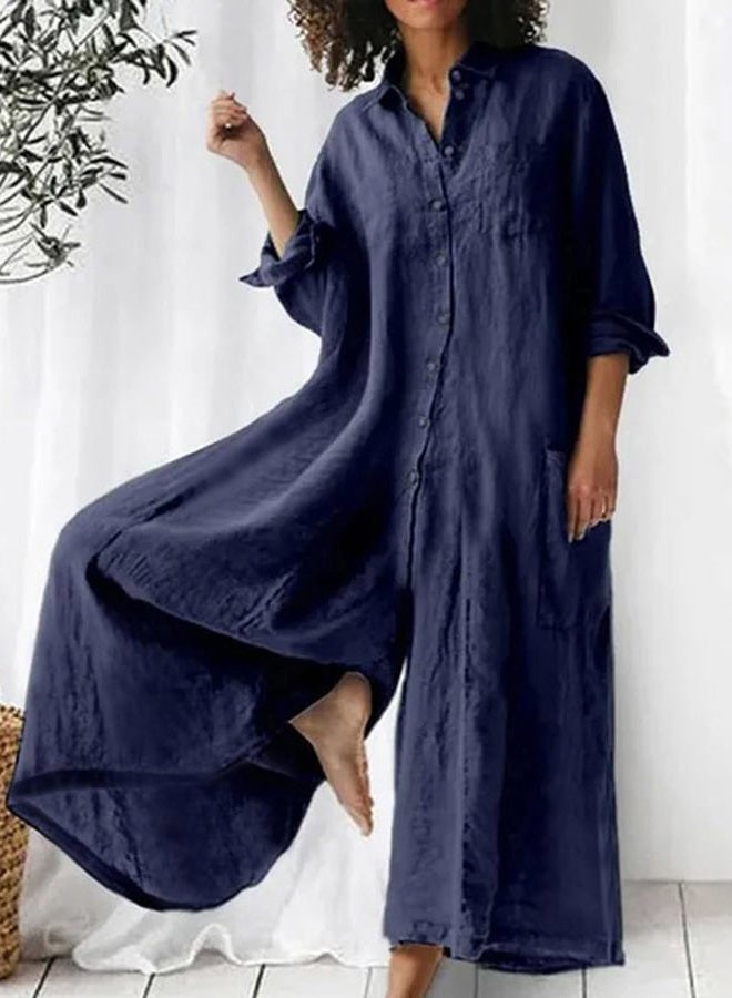 CHARTOU Women Linen Button Down Long Sleeve Wide Leg Jumpsuit Beach Palazzo Pants One Piece Jumpsuit, Dark Blue, XS - Image 3