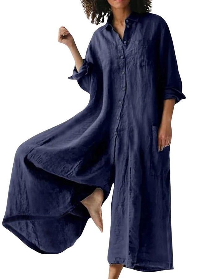 CHARTOU Women Linen Button Down Long Sleeve Wide Leg Jumpsuit Beach Palazzo Pants One Piece Jumpsuit, Dark Blue, XS - Image 1