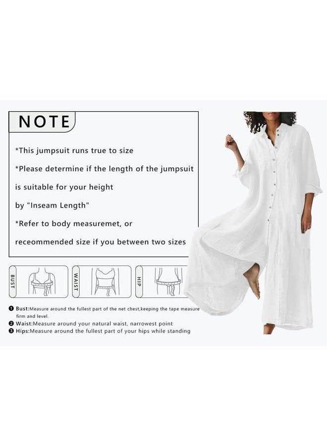 CHARTOU Women Linen Button Down Long Sleeve Wide Leg Jumpsuit Beach Palazzo Pants One Piece Jumpsuit, Dark Blue, XS - Image 4