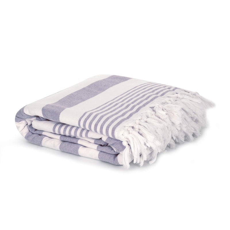 Cottonna Cottonna 100 Luxury Turkish Cotton Oversized Beach Blanket 80 by 80 Peshtemal Front with Terry Loop Back Fouta Blanket Throw Terrypesh Beach Towel Queen Size Navy Stripes 