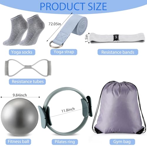 Poen 14 Pcs Pilates Equipment Kit for Home Workout Pilates Ring and Ball Set for Women 12 Circle Yoga Fitness Essentials Kit with Resistance Bands Yoga Strap SocksBag BlackGray - Image 3