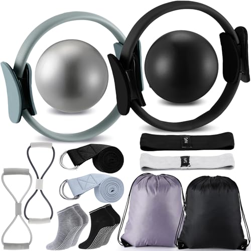 Poen 14 Pcs Pilates Equipment Kit for Home Workout Pilates Ring and Ball Set for Women 12 Circle Yoga Fitness Essentials Kit with Resistance Bands Yoga Strap SocksBag BlackGray - Image 1
