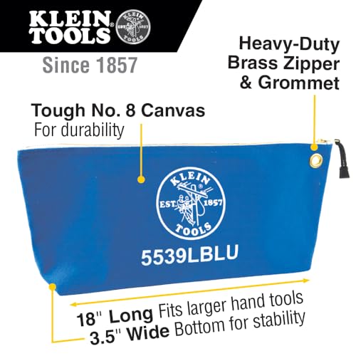 Klein Tools 5539LBLU Zipper Bag Large 16Inch Canvas Tool Pouch for Tool Storage with Brass Zipper and Grommet for Hanging Blue - Image 3