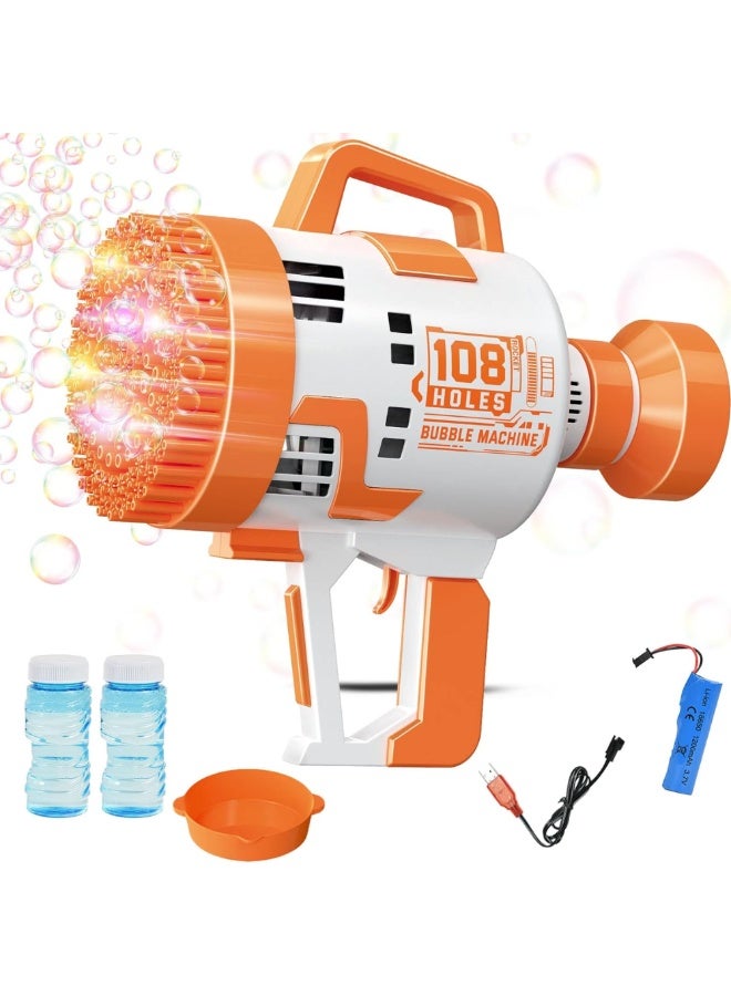 DAT 108-Hole Bubble Machine Gun with LED Lights, USB Battery, 2 Bubble Solutions & Tray – Orange/White - Image 1