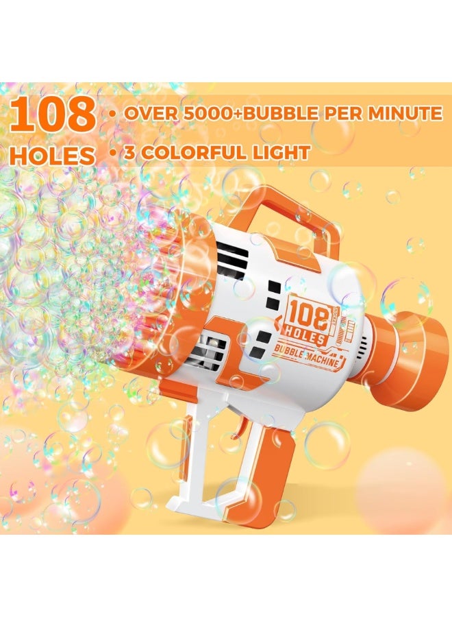 DAT 108-Hole Bubble Machine Gun with LED Lights, USB Battery, 2 Bubble Solutions & Tray – Orange/White - Image 2