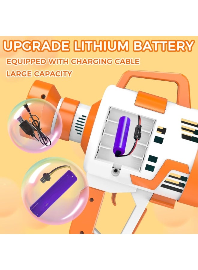 DAT 108-Hole Bubble Machine Gun with LED Lights, USB Battery, 2 Bubble Solutions & Tray – Orange/White - Image 3