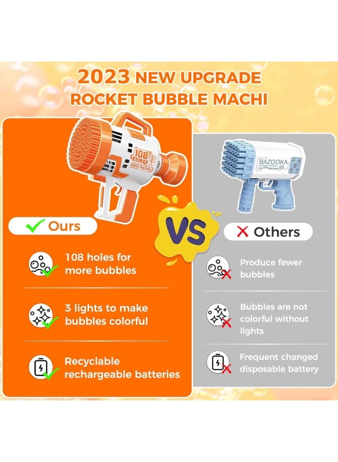 DAT 108-Hole Bubble Machine Gun with LED Lights, USB Battery, 2 Bubble Solutions & Tray – Orange/White - Image 5