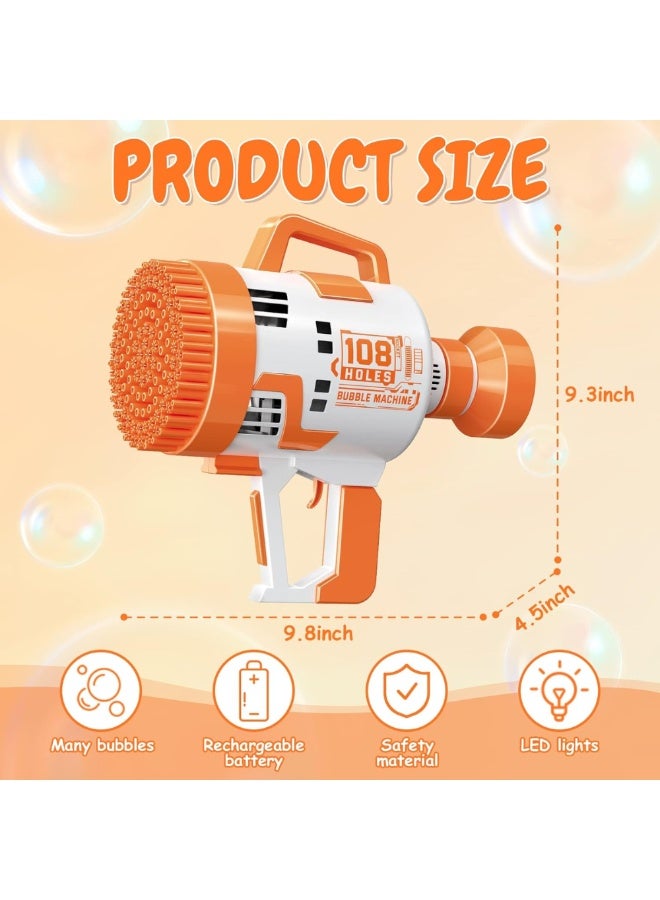 DAT 108-Hole Bubble Machine Gun with LED Lights, USB Battery, 2 Bubble Solutions & Tray – Orange/White - Image 4