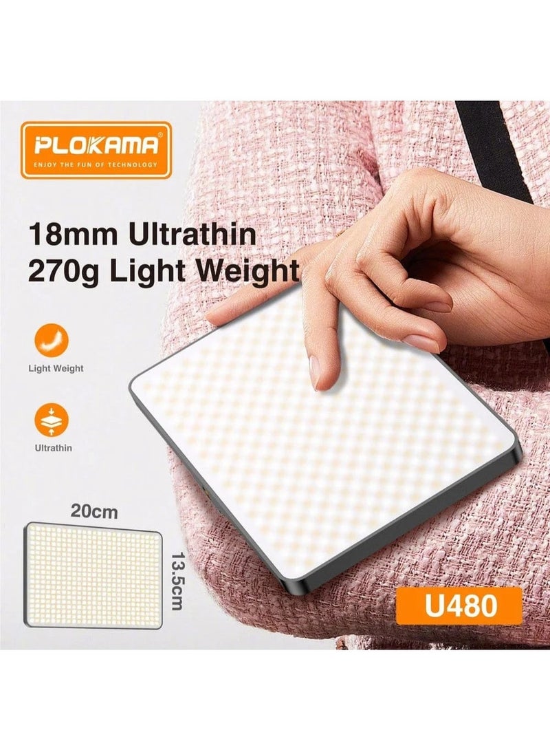 PLOKAMA U480 Pro RGB LED فيديو لايت، 20W ضوء تعبئة للتصوير مع سطوع قابل للتعديل ودرجة حرارة لون، طيف RGB كامل، CRI 95+، لوحة إضاءة قابلة للتعتيم للاستوديو، يوتيوب، تيك توك، بورتريه، بث مباشر - Image 3