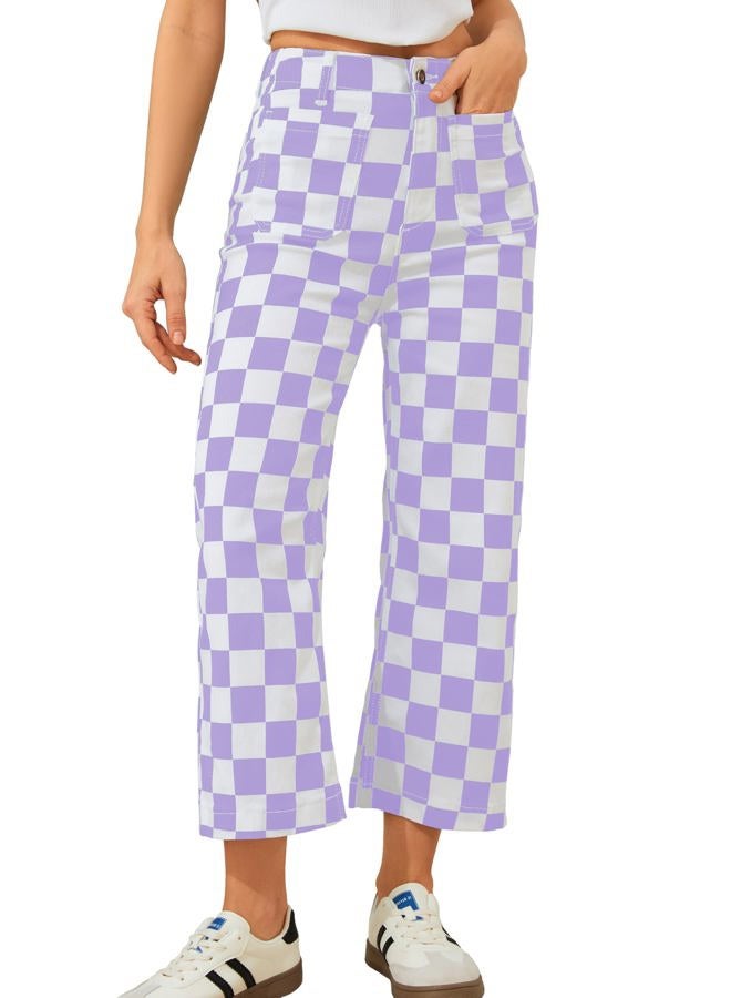 Odefou Cropped Jeans for Women Checkered Pants Casual High Waisted Stretchy Straight Leg Trousers with Pockets, Purple Checkered, 4 - Image 1