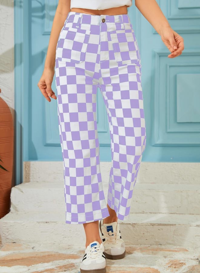 Odefou Cropped Jeans for Women Checkered Pants Casual High Waisted Stretchy Straight Leg Trousers with Pockets, Purple Checkered, 4 - Image 4