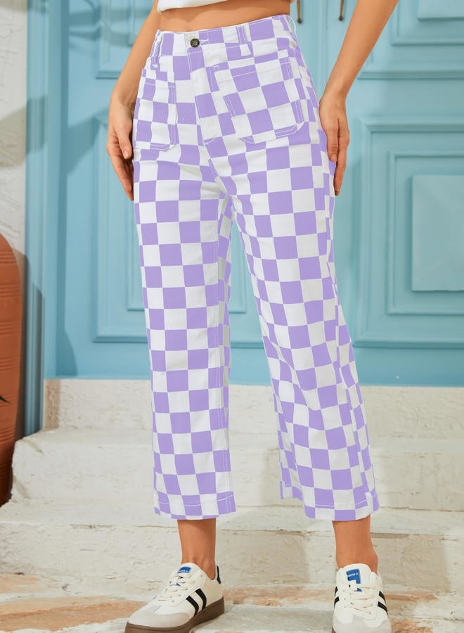 Odefou Cropped Jeans for Women Checkered Pants Casual High Waisted Stretchy Straight Leg Trousers with Pockets, Purple Checkered, 4 - Image 3