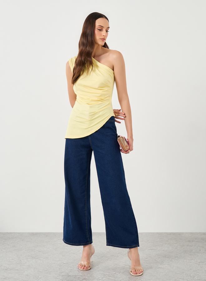 Styli Yellow Asymmetrical Neck Gathered Top - Image 2