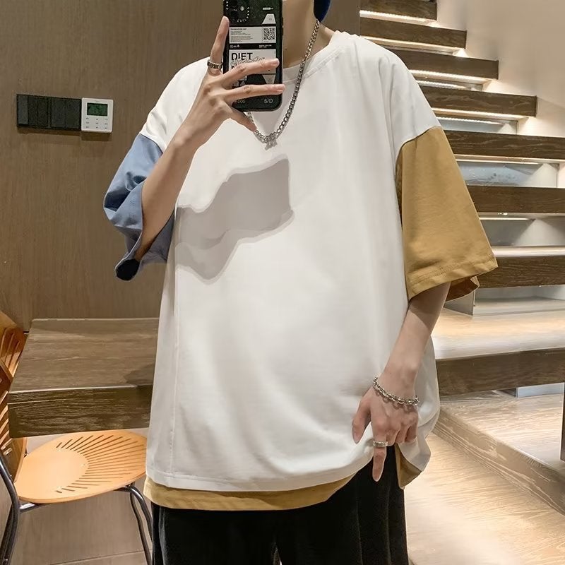 Round Neck Short-Sleeved T-Shirt For Boys Hong Kong Style Instagram Fashion Colorblock Loose Casual Half-Sleeved Top - Image 4