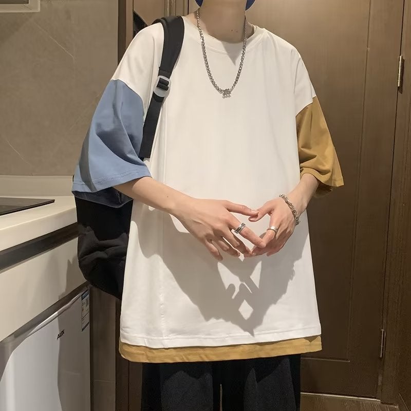 Round Neck Short-Sleeved T-Shirt For Boys Hong Kong Style Instagram Fashion Colorblock Loose Casual Half-Sleeved Top - Image 2