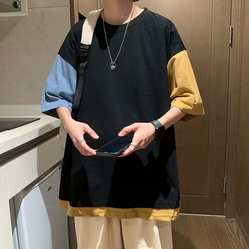 Round Neck Short-Sleeved T-Shirt For Boys Hong Kong Style Instagram Fashion Colorblock Loose Casual Half-Sleeved Top - Image 1