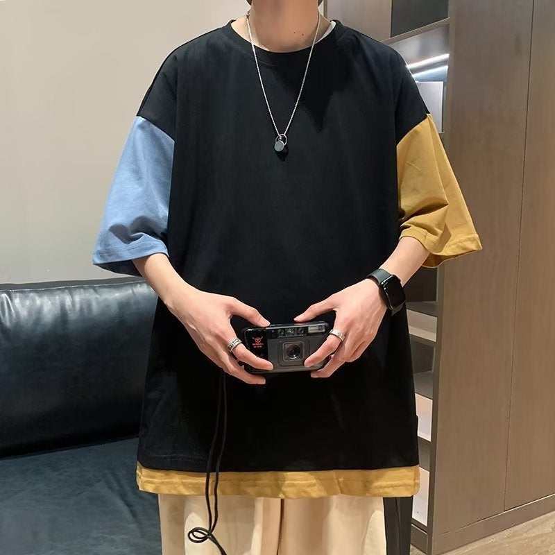 Round Neck Short-Sleeved T-Shirt For Boys Hong Kong Style Instagram Fashion Colorblock Loose Casual Half-Sleeved Top - Image 5
