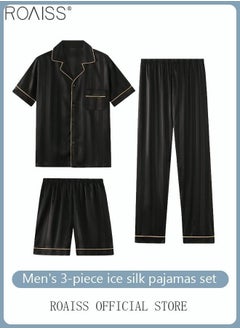 3-Piece Set Men's Short Sleeves Pajamas Pants Trousers Sleepwear Sets Satin Grid Printing Silk Nightgown Male Loose Shirts Spring Summer Loungewear Home Clothes