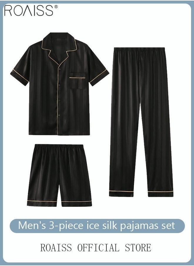 NIBEMINENT - 3-Piece Set Men's Short Sleeves Pajamas Pants Trousers Sleepwear Sets Satin Grid Printing Silk Nightgown Male Loose Shirts Spring Summer Loungewear Home Clothes - Image 1