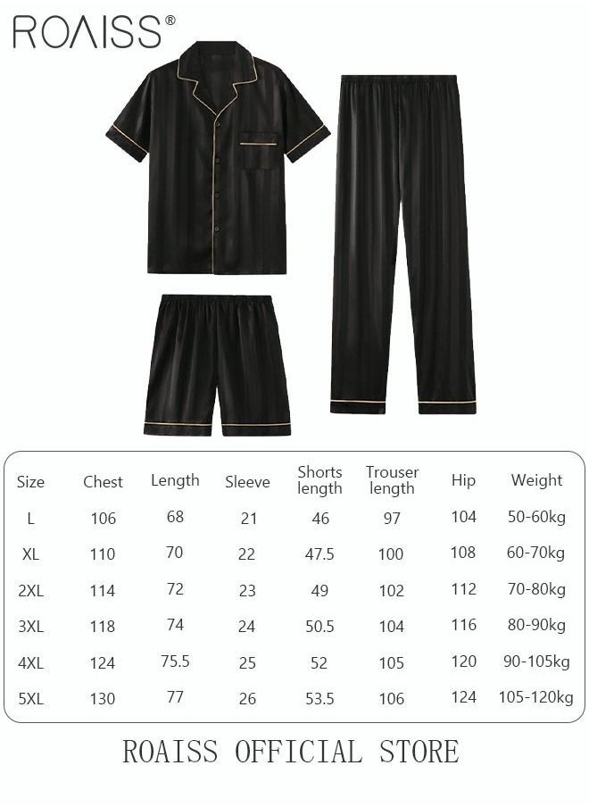 NIBEMINENT - 3-Piece Set Men's Short Sleeves Pajamas Pants Trousers Sleepwear Sets Satin Grid Printing Silk Nightgown Male Loose Shirts Spring Summer Loungewear Home Clothes - Image 1